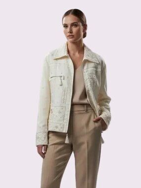 Ebene by Patrick Assuline Ivory Embellished 100% Silk Women Jacket Size M